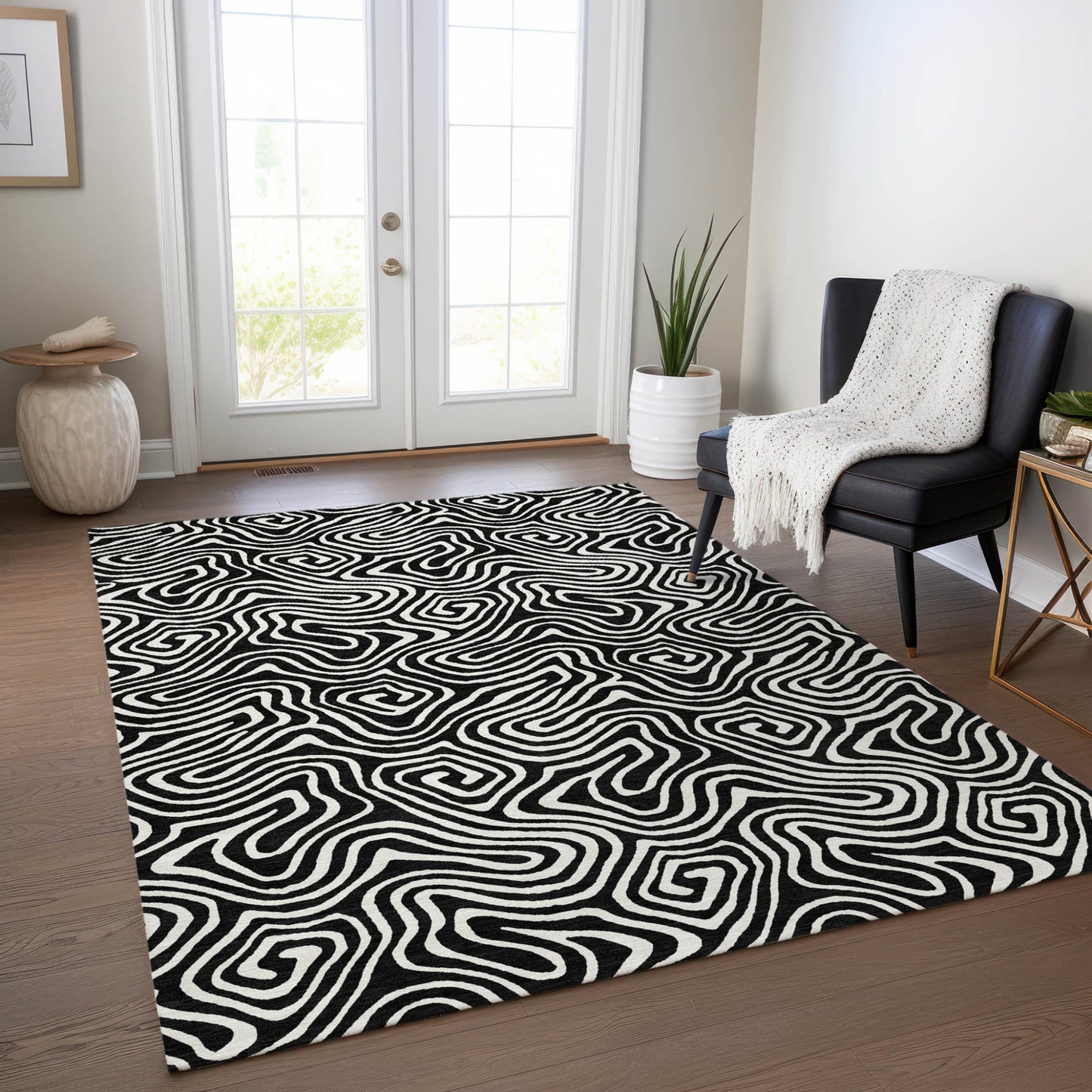 9' X 12' Black And Ivory Abstract Washable Indoor Outdoor Area Rug-8