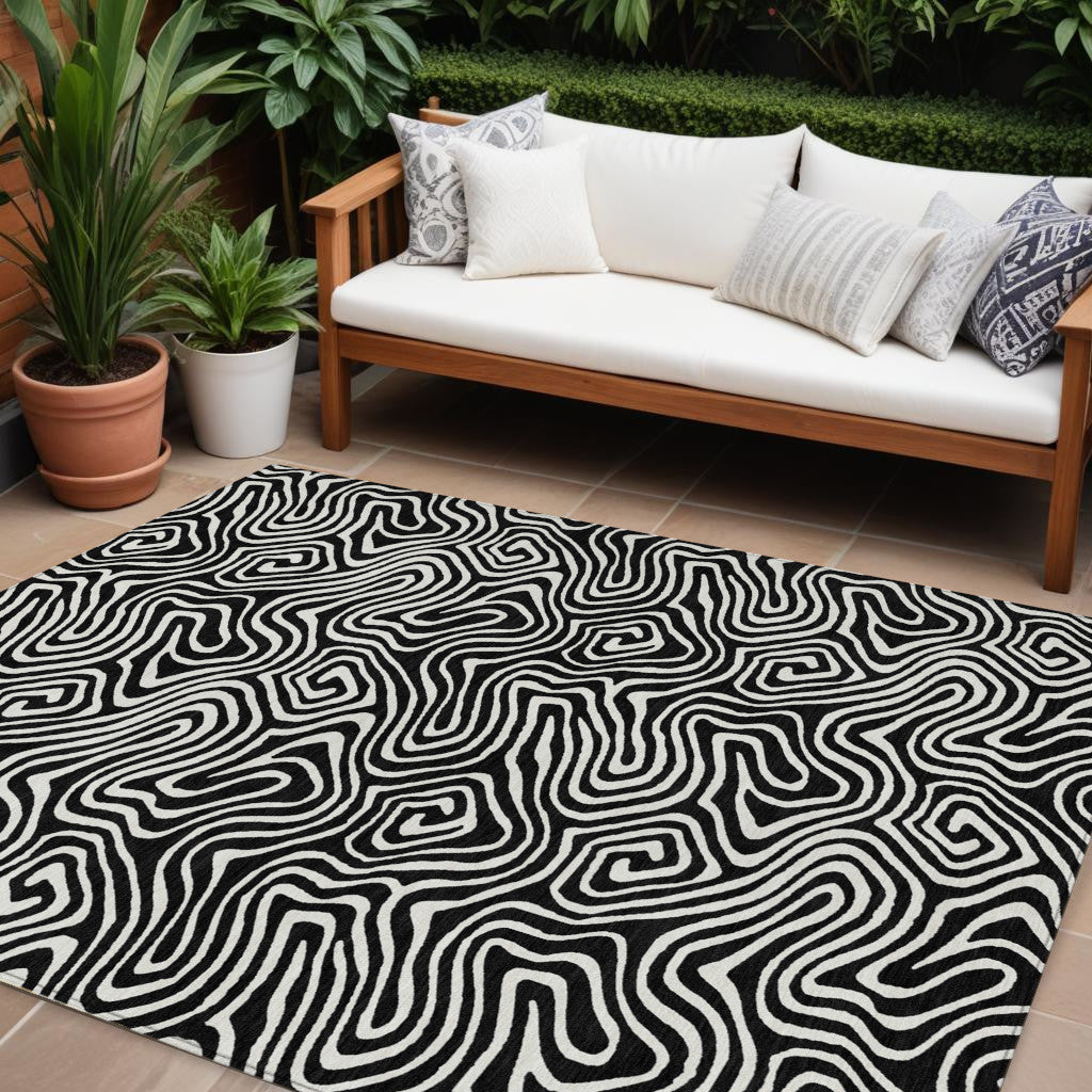 9' X 12' Black And Ivory Abstract Washable Indoor Outdoor Area Rug-0