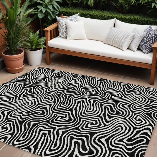 9' X 12' Black And Ivory Abstract Washable Indoor Outdoor Area Rug-0