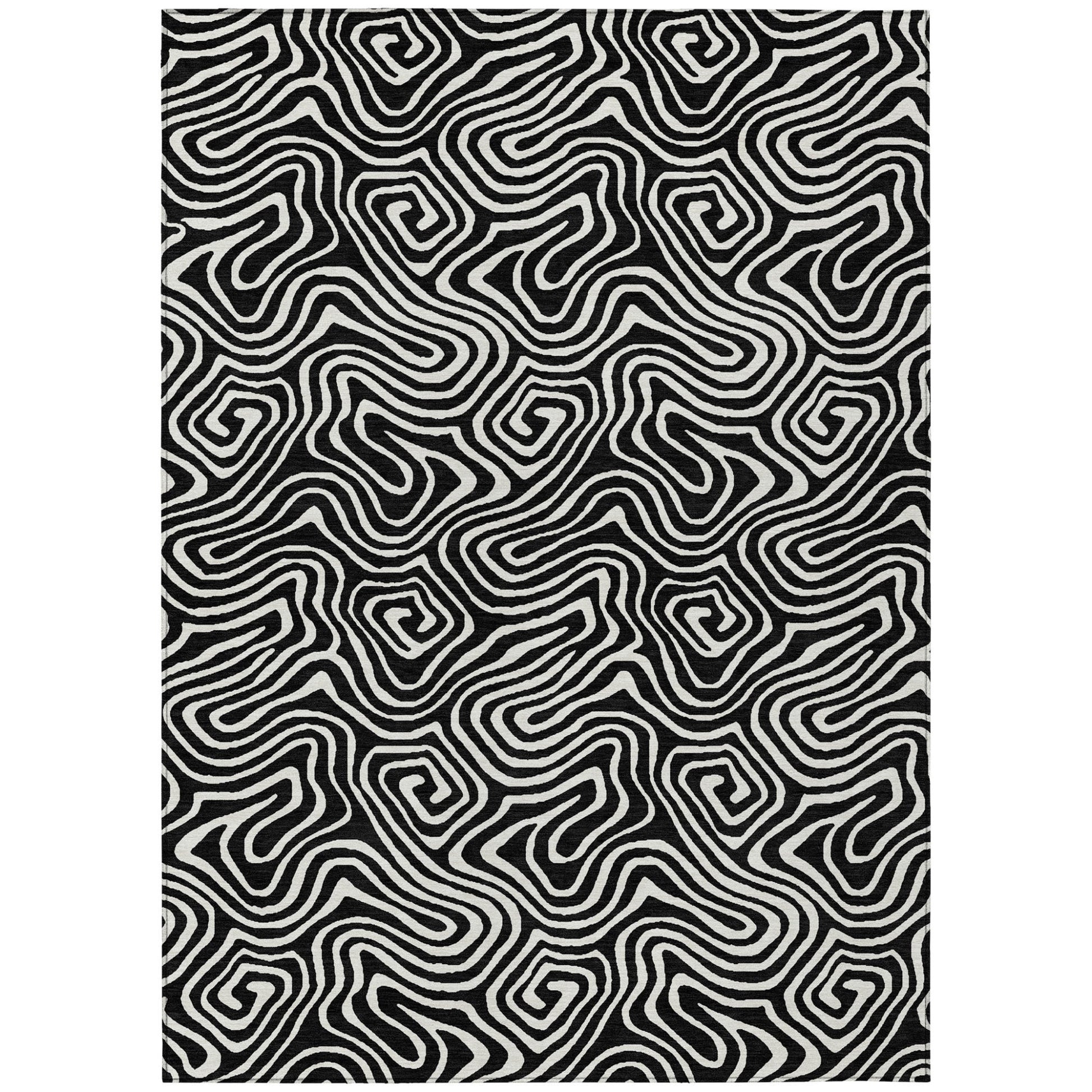 9' X 12' Black And Ivory Abstract Washable Indoor Outdoor Area Rug-1